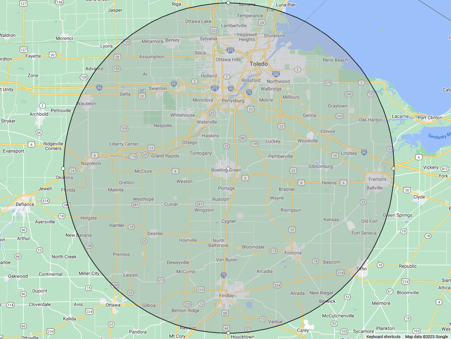 Service Area Map, 30 mile radius around Bowling Green, OH